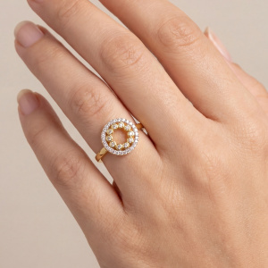 Preview: Damen Ring Kreis 925 Sterling Silber vergoldet 36 Zirkonia Silberring