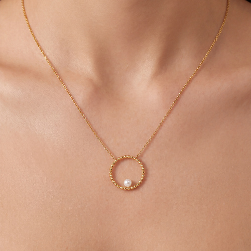 Preview: Collier Halskette mit Anhänger Edelstahl gelbgoldfarben mit Perle 50 cm