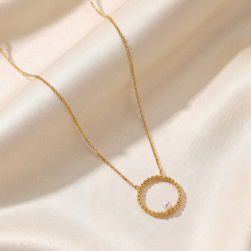 Preview: Collier Halskette mit Anhänger Edelstahl gelbgoldfarben mit Perle 50 cm