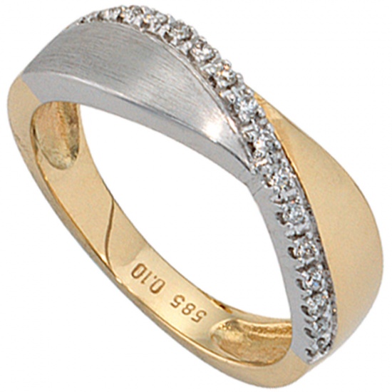 Damen Ring 585 Gold Gelbgold Weißgold bicolor matt 16 Diamanten Brillanten