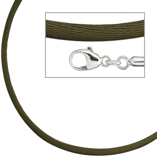 Collier Halskette Seide oliv grün 2,8 mm 42 cm, Verschluss 925 Silber Kette
