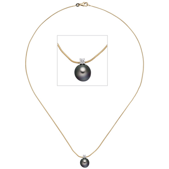 Collier Kette mit Anhänger 585 Gold 1 Tahiti Perle 1 Diamant Brilllant 42 cm