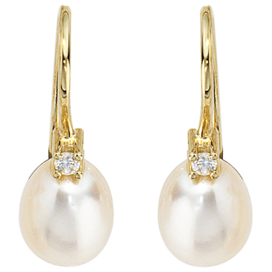 Ohrhänger 333 Gold Gelbgold 2 Süßwasser Perlen 2 Zirkonia Ohrringe Goldohrringe