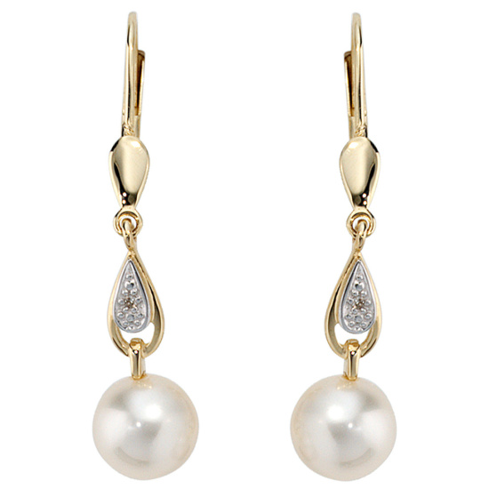 Boutons 585 Gold Gelbgold 2 Diamanten 2 Süßwasser Perlen Ohrringe Ohrhänger