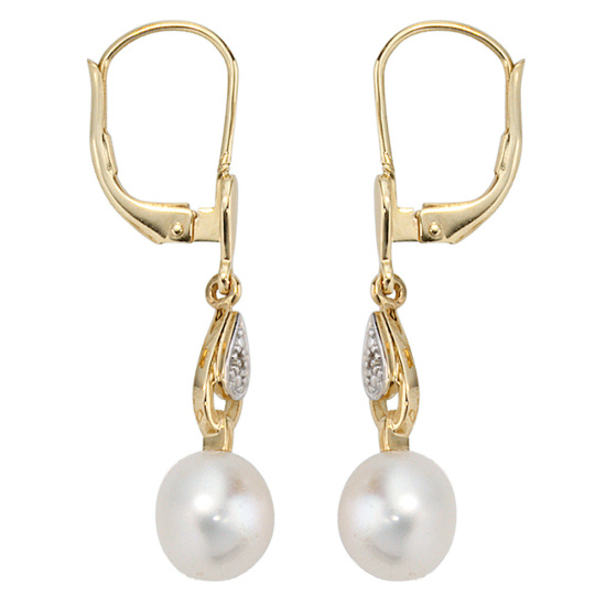 Boutons 585 Gold Gelbgold 2 Diamanten 2 Süßwasser Perlen Ohrringe Ohrhänger