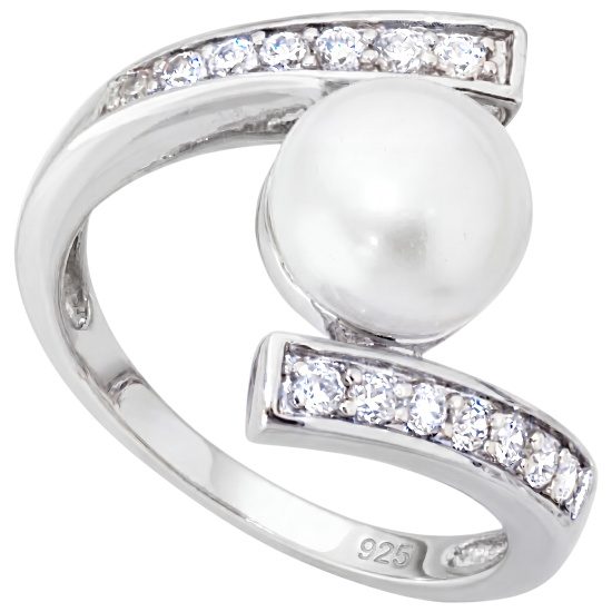 Damen Ring 925 Sterling Silber 1 Süßwasser Perle 14 Zirkonia Perlenring