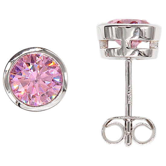 Ohrstecker rund 925 Sterling Silber rhodiniert 2 Zirkonia rosa rosé Ohrringe