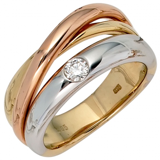 Damen Ring 585 Gold dreifarbig tricolor 1 Diamant Brillant 0,15ct. Goldring