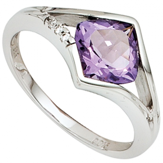 Damen Ring 585 Gold Weißgold 3 Diamanten Brillanten 1 Amethyst lila violett