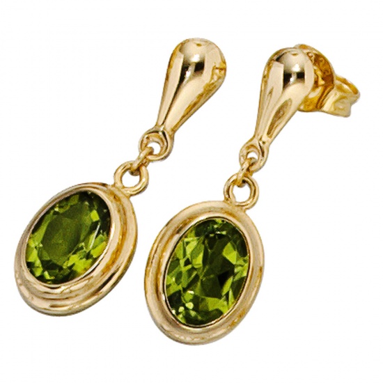 Ohrhänger oval 585 Gold Gelbgold 2 Peridote grün Ohrstecker Ohrringe
