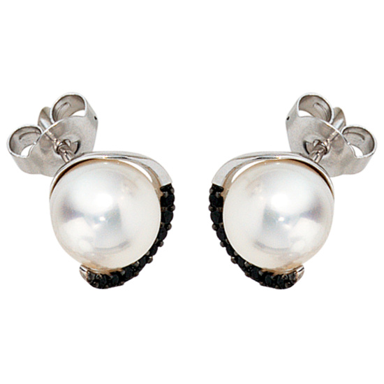 Ohrstecker 585 Gold Weißgold 16 Diamanten Brillanten 2 Süßwasser Perlen Ohrringe