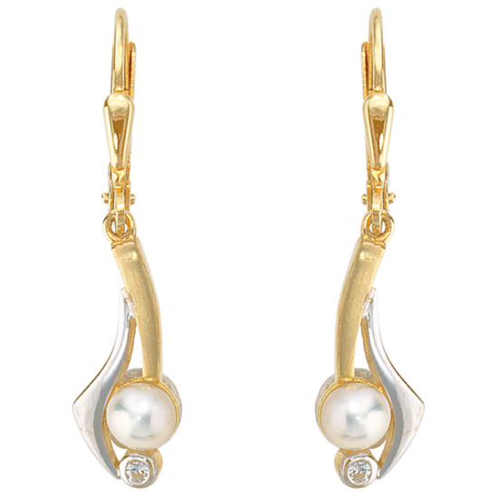Boutons 333 Gold Gelbgold 2 Süßwasser Perlen 2 Zirkonia Ohrringe Ohrhänger