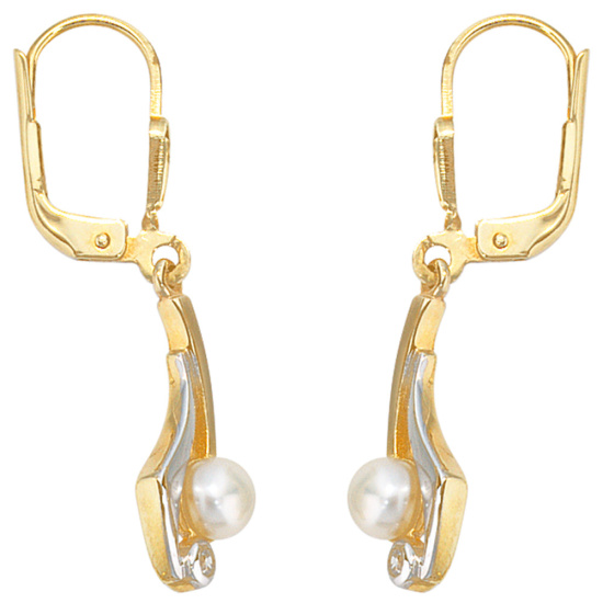 Boutons 333 Gold Gelbgold 2 Süßwasser Perlen 2 Zirkonia Ohrringe Ohrhänger