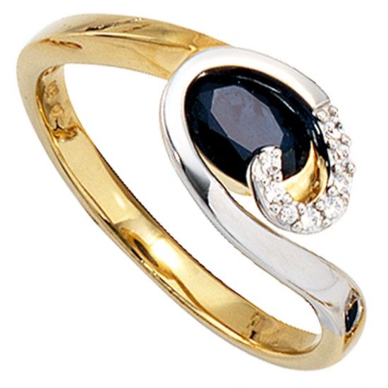 Damen Ring 585 Gold Gelbgold Weißgold 1 Safir blau 8 Diamanten Brillanten