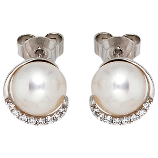 Ohrstecker 585 Gold Weißgold 2 Süßwasser Perlen 16 Diamanten Brillanten Ohrringe