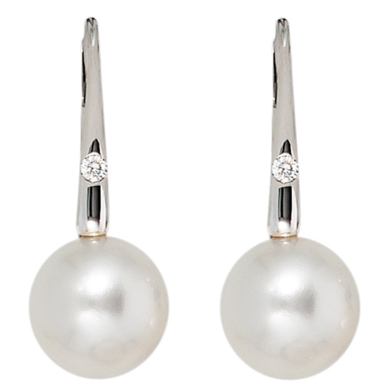 Boutons 585 Gold Weißgold 2 Süßwasser Perlen 2 Diamanten Ohrringe Ohrhänger