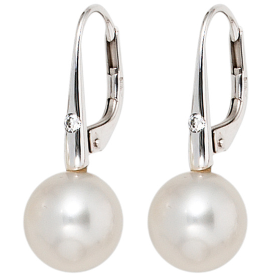 Boutons 585 Gold Weißgold 2 Süßwasser Perlen 2 Diamanten Ohrringe Ohrhänger