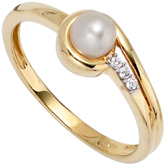 Damen Ring 333 Gold Gelbgold 1 Süßwasser Perle 3 Zirkonia Goldring Perlenring