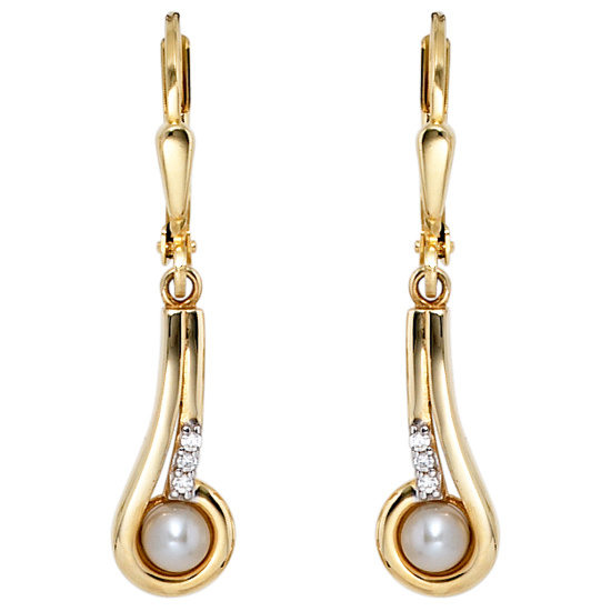 Boutons 333 Gold Gelbgold 2 Süßwasser Perlen 6 Zirkonia Ohrringe Ohrhänger