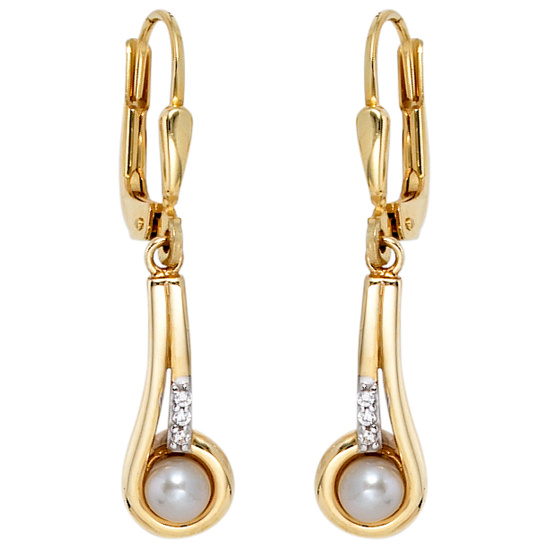 Boutons 333 Gold Gelbgold 2 Süßwasser Perlen 6 Zirkonia Ohrringe Ohrhänger