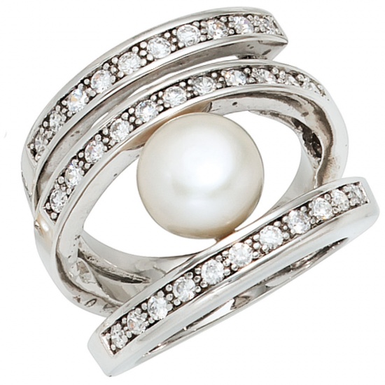 Damen Ring breit 925 Silber rhodiniert 1 Süßwasser Perle 31 Zirkonia Perlenring