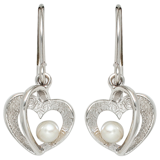 Ohrhänger Herz 925 Silber eismatt 2 Süßwasser Perlen Ohrringe Perlenohrringe