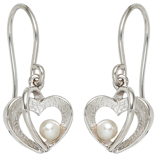 Ohrhänger Herz 925 Silber eismatt 2 Süßwasser Perlen Ohrringe Perlenohrringe