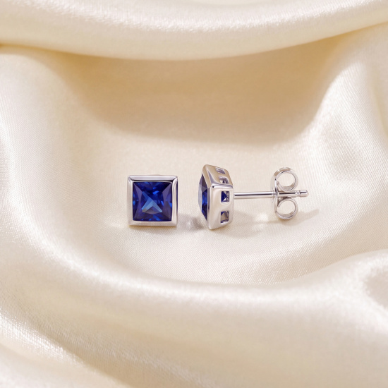 Ohrstecker quadratisch 925 Sterling Silber rhodiniert 2 Zirkonia blau Ohrringe