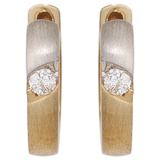 Creolen rund 585 Gold Gelbgold bicolor matt 2 Diamanten Brillanten Ohrringe