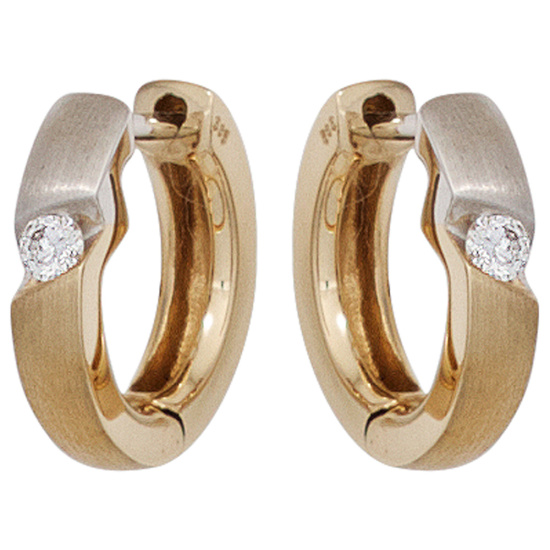 Creolen rund 585 Gold Gelbgold bicolor matt 2 Diamanten Brillanten Ohrringe