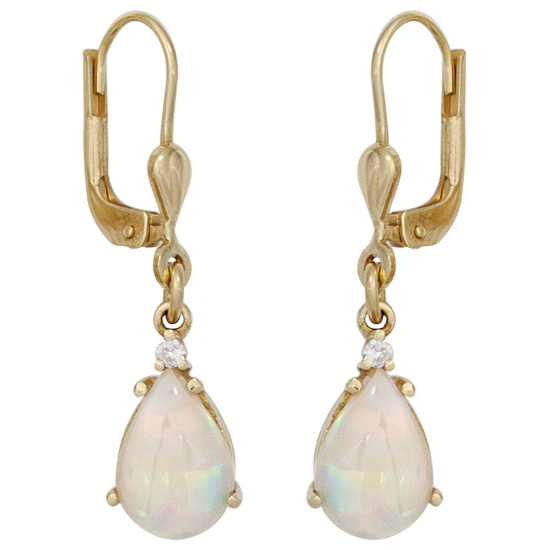 Ohrhänger Tropfen 585 Gold Gelbgold 2 Opale 2 Diamanten Ohrringe Opalohrringe