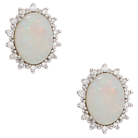 Ohrstecker oval 585 Gold Weißgold 2 Opal-Cabochons 28 Diamanten Brillanten