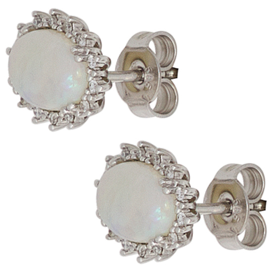 Ohrstecker oval 585 Gold Weißgold 2 Opal-Cabochons 28 Diamanten Brillanten
