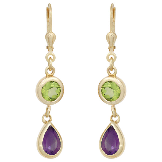 Boutons 585 Gold Gelbgold 2 Amethyste lila 2 Peridote grün Ohrringe Ohrhänger
