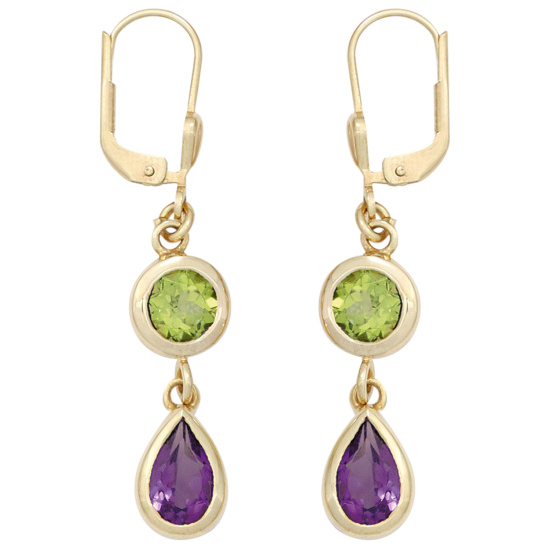 Boutons 585 Gold Gelbgold 2 Amethyste lila 2 Peridote grün Ohrringe Ohrhänger