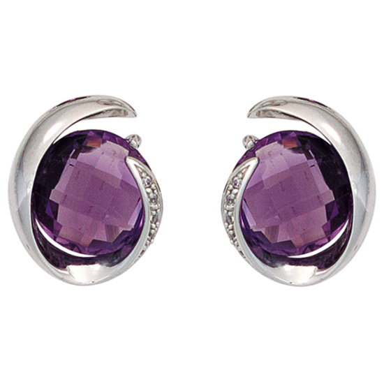 Ohrstecker 585 Weißgold 2 Amethyste lila violett 10 Diamanten Ohrringe