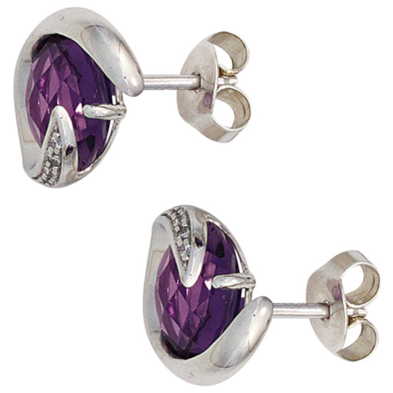 Ohrstecker 585 Weißgold 2 Amethyste lila violett 10 Diamanten Ohrringe