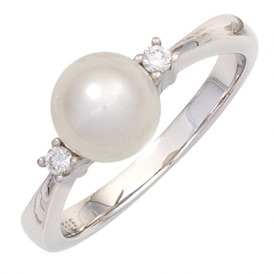 Damen Ring 585 Gold Weißgold 1 Süßwasser Perle 2 Diamanten Brillanten Perlenring