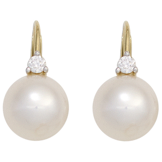 Boutons 585 Gold Gelbgold 2 Süßwasser Perlen 2 Diamanten Ohrringe Ohrhänger