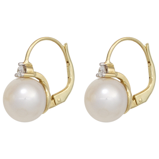 Boutons 585 Gold Gelbgold 2 Süßwasser Perlen 2 Diamanten Ohrringe Ohrhänger