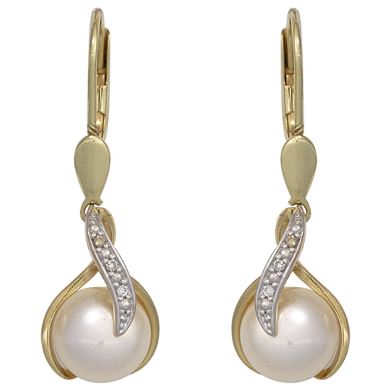 Boutons 585 Gold Gelbgold 2 Süßwasser Perlen 6 Diamanten Ohrringe Ohrhänger