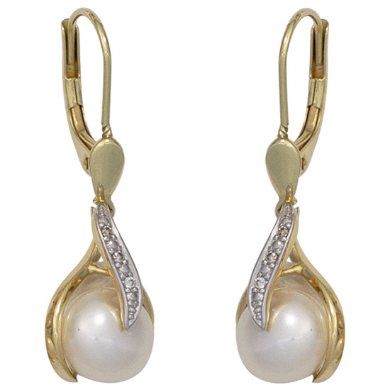 Boutons 585 Gold Gelbgold 2 Süßwasser Perlen 6 Diamanten Ohrringe Ohrhänger