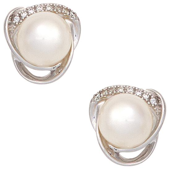 Ohrstecker 585 Weißgold 2 Süßwasser Perlen 16 Diamanten Brillanten Ohrringe