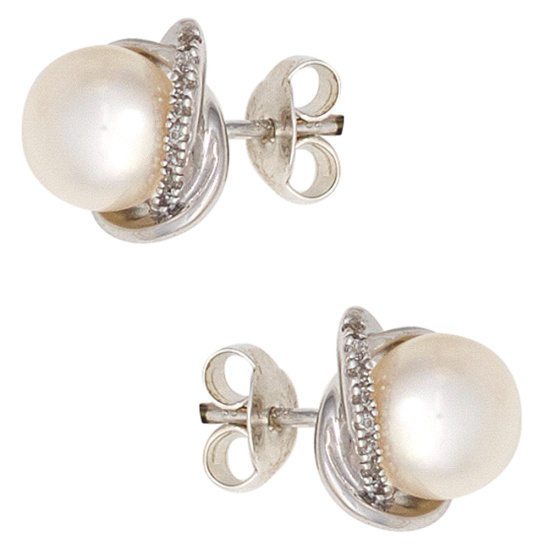 Ohrstecker 585 Weißgold 2 Süßwasser Perlen 16 Diamanten Brillanten Ohrringe