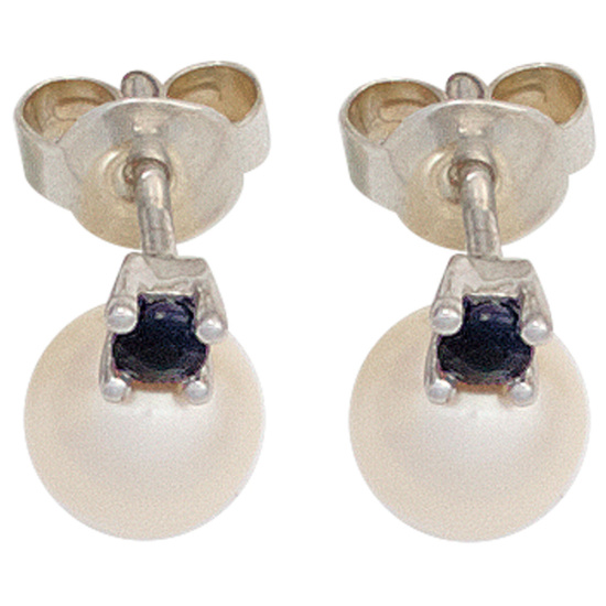 Ohrstecker 585 Gold Weißgold 2 Süßwasser Perlen 2 Safire blau Ohrringe