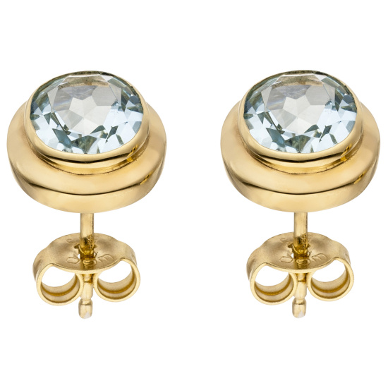 Ohrstecker oval 585 Gold Gelbgold 2 Aquamarine hellblau blau Ohrringe
