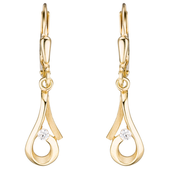 Ohrhänger 333 Gold Gelbgold teil matt 2 Zirkonia Boutons Ohrringe Goldohrringe