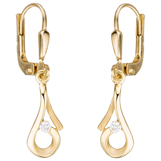 Ohrhänger 333 Gold Gelbgold teil matt 2 Zirkonia Boutons Ohrringe Goldohrringe