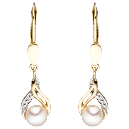 Boutons 585 Gold Gelbgold 2 Süßwasser Perlen 2 Diamanten Ohrringe Ohrhänger