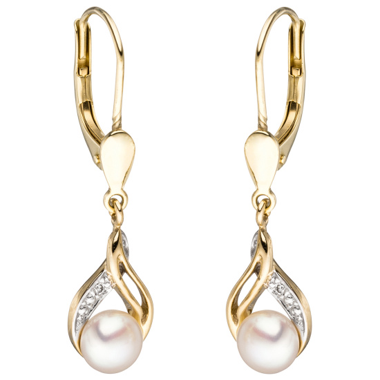 Boutons 585 Gold Gelbgold 2 Süßwasser Perlen 2 Diamanten Ohrringe Ohrhänger
